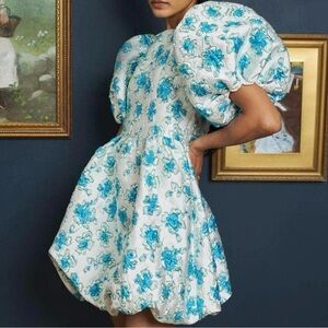 Floral Blue and White Puff Sleeve Dress